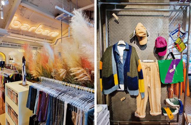 1층과 상반된 인테리어가 인상적인 2층 플래그십 스토어(왼쪽).  올해 론칭한 애슬레틱 캐주얼 브랜드 ‘그라운드브이’ 제품. [구희언 기자]