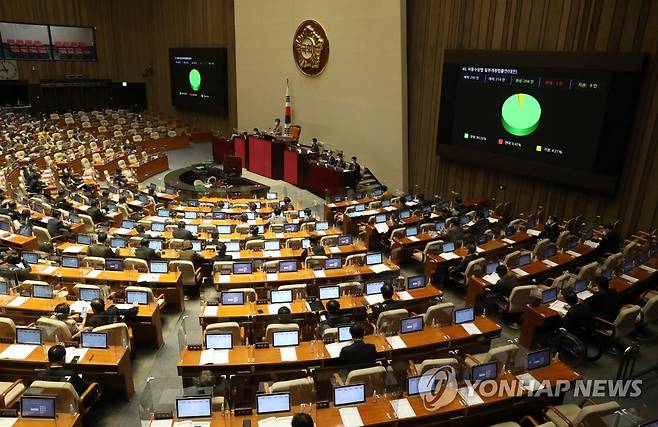 아동수당법 개정안 본회의 통과 (서울=연합뉴스) 하사헌 기자 = 아동수당 지급 대상 연령을 현재 만 7세 미만에서 만 8세 미만으로 확대하는 내용의 아동수당법 개정안이 2일 오후 국회 본회의에서 통과되고 있다. 2021.12.2 toadboy@yna.co.kr