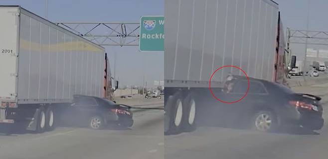 지난달 30일(현지시각) 미국 일리노이주의 한 고속도로에서 발생한 차 사고. 트럭에 낀 차의 운전자(빨간색 원)가 손을 흔든다. 도움을 요청하는 것으로 보인다. /유튜브