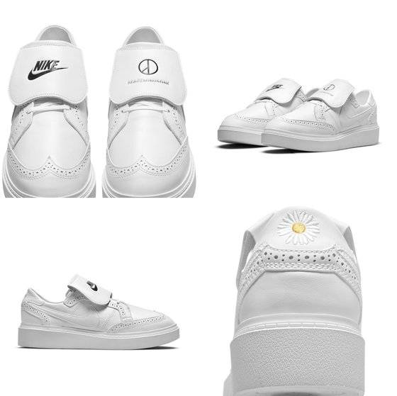 브로그 장식이 클래식한 느낌으로 골프화와 볼링화를 연상시킨다. 뒷면에는 피스마이너스원의 상징인 해바라기가 수 놓여있다. 사진 나이키