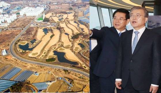 한전공대 부지인 전남 나주시 빛가람동 일대 전경. 오른쪽은 지난해 7월 13일 나주 빛가람전망대에서 김영록 전남지사가 문재인 대통령에게 한전공대 부지에 대해 설명하고 있다. [뉴시스] [뉴스1]