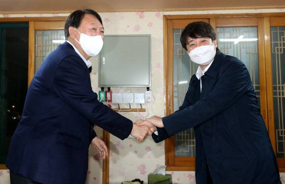 윤석열-이준석, 울산에서 회동 - 국민의힘 윤석열 대선 후보와 이준석 대표가 3일 울산 울주군의 한 식당에서 만찬 회동을 하고 있다. 2021.12.3 연합뉴스