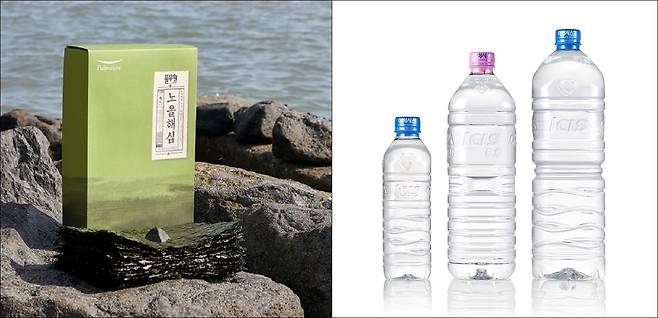 2021 대한민국 식품대상에서 'Top of Best'로 선정된 풀무원식품의 노을해심 김과 음료부문 Best로 선정된 롯데칠성음료의 무라벨 생수 '아이시스ECO'. / 각사 제공