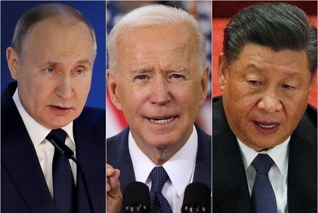 왼쪽부터 블라디미르 푸틴 러시아 대통령, 조 바이든 미국 대통령, 시진핑 중국 국가주석.
