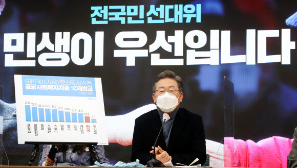 더불어민주당 이재명 대선 후보가 6일 오전 서울 여의도 당사에서 열린 소상공인과 함께하는 전국민선대위에서 발언하고 있다. 국회사진기자단