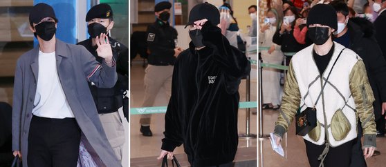 방탄소년단의 진(왼쪽부터), 정국, 지민이 6일 오전 인천국제공항을 통해 귀국했다. 인천=연합뉴스