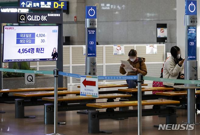 [인천공항=뉴시스] 정병혁 기자 = 코로나19의 새로운 변이 바이러스인 오미크론이 확산되고 있는 가운데 7일 오전 인천국제공항 제1여객터미널에 설치된 TV에 오미크론 관련 방송이 나오고 있다. 2021.12.07. jhope@newsis.com