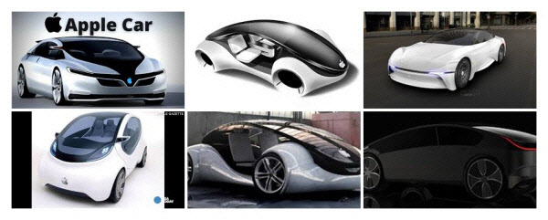 온라인상의 애플카 예상 이미지. 대부분 테슬라 자동차 디자인에 애플 로고를 합성하거나 시판 중인 초소형 전기차에 기반한 디자인.
