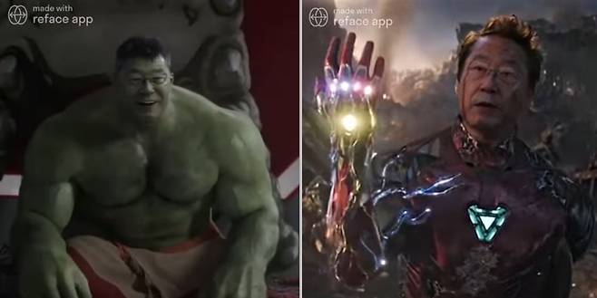 더불어민주당 이재명 대선 후보의 얼굴을 마블 스튜디오의 영화 캐릭터 '헐크(왼쪽)'와 '아이언맨'에 합성한 영상. /유튜브