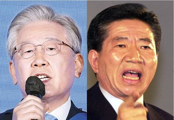 당내 경선에서 연설 중인 이재명 더불어민주당 대선 후보(왼쪽)와 2002년 대선 경선 당시 노무현 전 대통령(오른쪽)의 모습. 국회사진기자단·중앙포토
