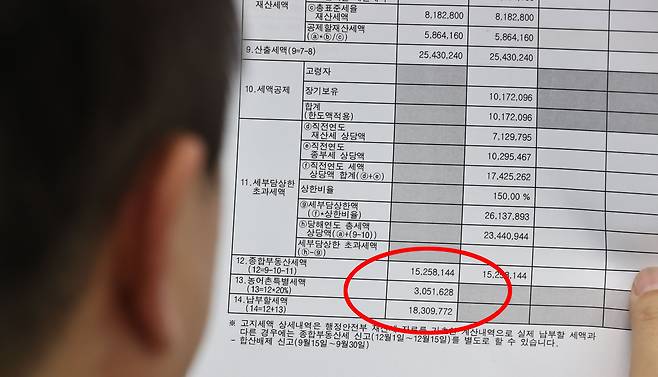 지난달 22일 오후 한 시민이 국세청 홈택스 홈페이지를 통해 종합부동산세 고지 내역을 확인하고 있다. 기획재정부는 9일 '12월 재정동향'을 발표하면서 올해 1~10월 국세가 작년에 비해 53조원 이상 더 걷혔다고 했다. 10월말 기준 국가채무는 939조원으로 정부의 올해말 국가채무 전망치를 넘어섰다. /연합뉴스