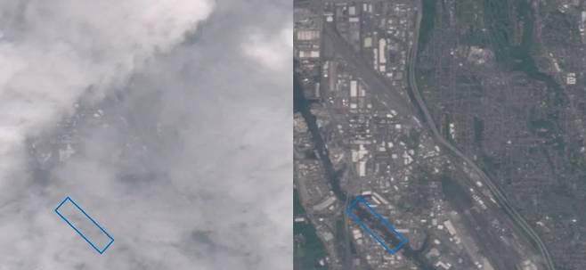 스페이스아이는 구름의 영향을 받지 않는 레이더 데이터와 과거에 촬영된 광학 이미지를 결합해 구름 아래 보이는 이미지를 AI로 예측한다. 실제 이미지(왼쪽)와 스페이스아이를 통해 예측한 이미지(오른쪽). [사진 제공 = 한국MS]