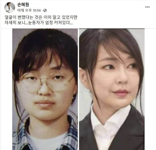 범여권 인사인 손혜원 전 의원이 지난 8일 국민의힘 윤석열 대선 후보의 부인 김건희씨의 과거와 최근 사진을 나란히 올린 뒤 성형수술 의혹을 제기했다. 페이스북 캡처