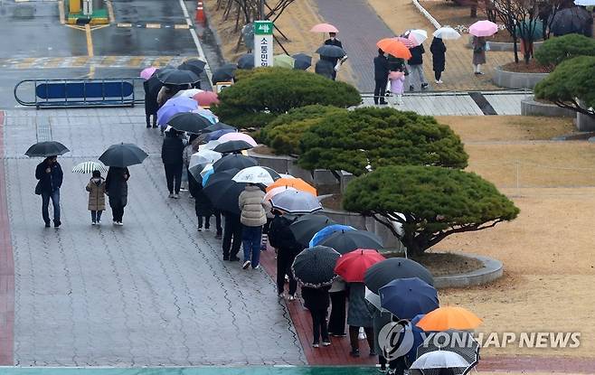 우산 들고 기다림 (대전=연합뉴스) 김준범 기자 = 10일 오전 대전시 서구 둔산동 대전시청 앞에 설치된 신종 코로나바이러스 감염증(코로나19) 선별진료소에 검사를 받으려는 시민들이 우산을 들고 차례를 기다리고 있다. 2021.12.10 psykims@yna.co.kr