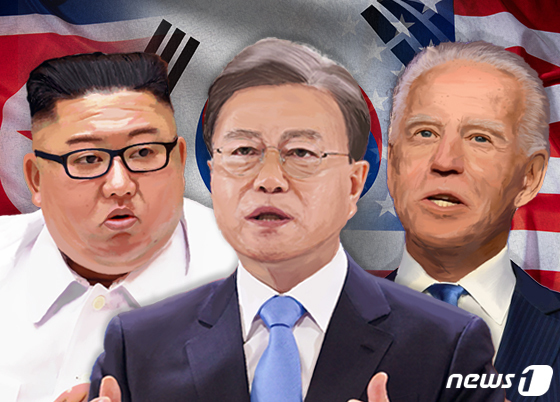 (왼쪽부터) 김정은 북한 노동당 총비서, 문재인 대통령, 조 바이든 미국 대통령.© News1 이지원 디자이너