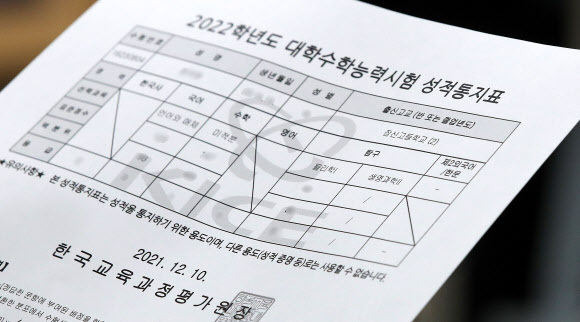 지난 10일 서울 송파구 잠신고등학교에서 한 학생의 수능성적표에 생명과학Ⅱ 점수가 공란으로 비워둔 채 배부되고 있다. 뉴스1