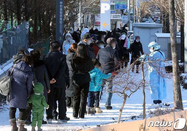 19일 오전 경기 부천시 종합운동장 임시선별검사소에서 시민들이 신종 코로나바이러스 감염증(코로나19) 검체 검사를 받기 위해 대기하고 있다. 이날 경기도에선 0시 기준 1753명이 추가 확진 판정을 받았다. 이중 부천시는 162명으로 경기도내에서 최다 확진을 받은 시로 기록됐다. 2021.12.19/뉴스1 © News1 정진욱 기자