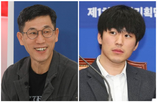 진중권(왼쪽) 전 동양대학교 교수와 황희두 전 민주연구원 이사. 연합뉴스