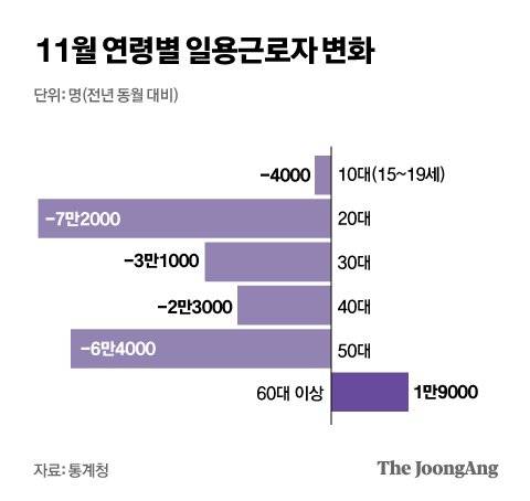 11월 연령별 일용근로자 변화. 그래픽=박경민 기자 minn@joongang.co.kr