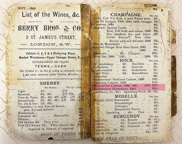 896년 유럽 와인의 가격을 보여주는 문서. 프랑스 와인을 젖히고 독일 와인(HOCK)이 가장 높은 가격으로 거래됐다. Berry Bros. & Rudd 사회관계망서비스 캡처