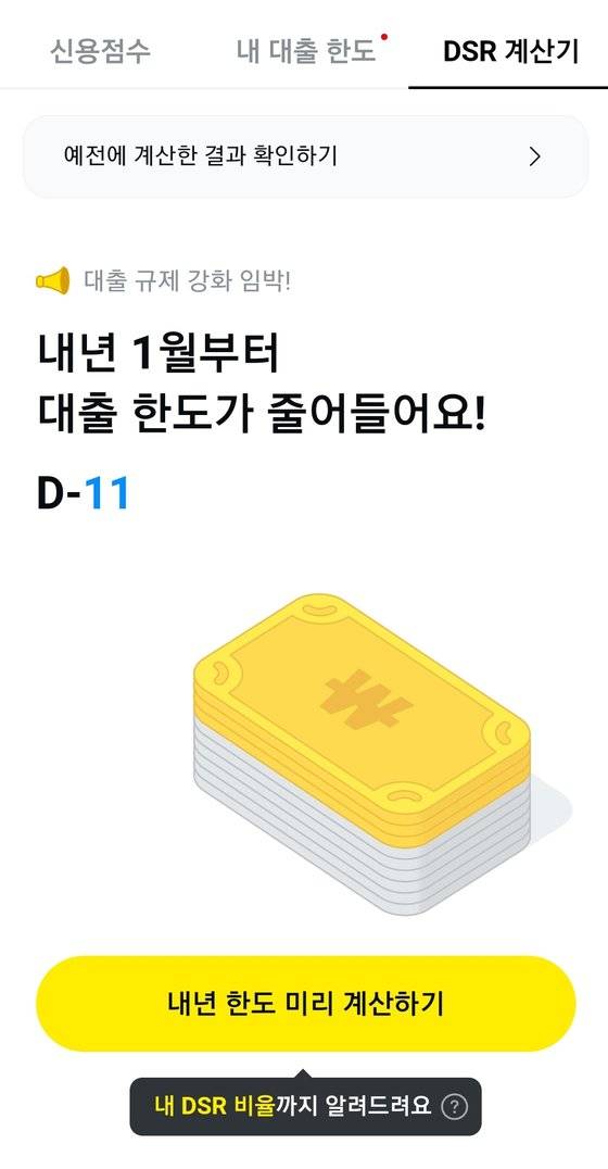 카카오페이가 제공하는 DSR 계산기 화면. 카카오페이