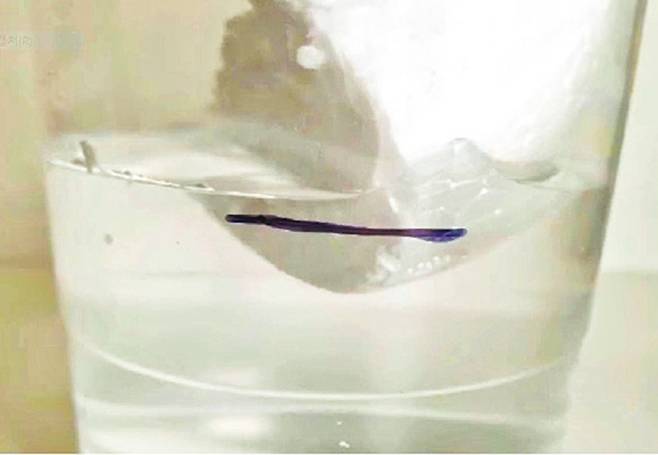 얼음이 녹으면서 스티로폼 쪽 수위만 높아졌다.  김시우, 이채원 학생팀 실험 동영상 갈무리