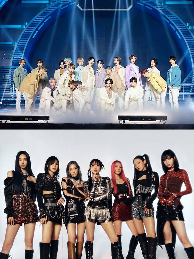 위쪽부터 NCT 2021의 '뷰티풀' 무대, 아래는 SM 여성 가수로만 이루어진 첫 번째 유닛 갓 더 비트. SM엔터테인먼트 제공