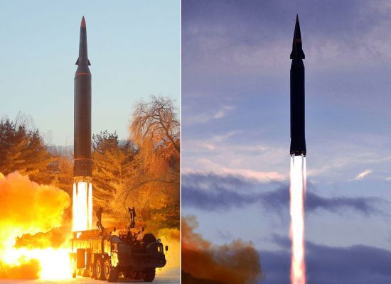북한이 지난 5일 극초음속 미사일을 시험 발사했다고 6일 조선중앙통신이 보도했다. 앞서 북한은 지난해 9월 28일 새로 개발한 극초음속 미사일 화성-8형 시험발사를 처음으로 진행했다고 밝힌 바 있다. 사진은 전날 발사한 극초음속 미사일(왼쪽)과 작년에 발사한 화성-8형(오른쪽)으로, 탄두부 모양이 다소 다른 모습이다. [이미지출처=연합뉴스]