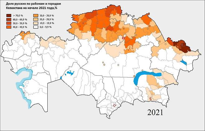 카자흐스탄 북부의 러시아계 인구가 밀집된 정도를 보여주는 지도. 인구의 70%가 러시아계인 지역은 가장 붉게 표시돼 있다./위키원드