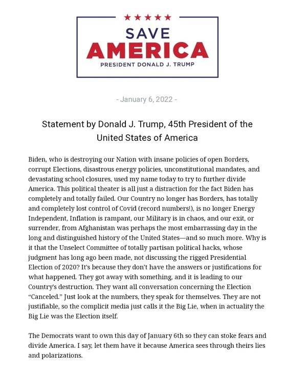 6일(현지시간) 조 바이든 대통령이 연설을 마친 이후, 도널드 트럼프 전 대통령은 성명을 내고 ″민주당이 공포를 부추기고 미국을 분열시키려 한다″고 비난했다.