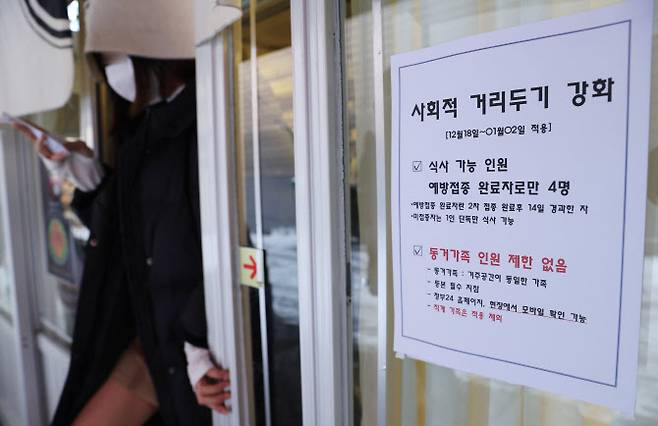 지난달 19일 서울 마포구의 한 음식점 입구에 사회적 거리두기 강화에 따른 안내문이 붙어있다. (사진=연합뉴스)