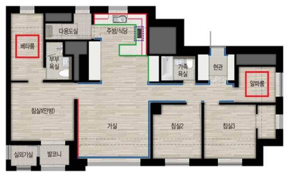 알파룸과 베타룸이 혼재된 별내자이 더 스타 전용 84㎡ 평면도. [사진=GS건설]