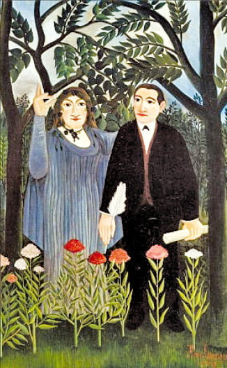 기욤 아폴리네르(오른쪽)와 마리 로랑생을 그린 앙리 루소의 ‘시인에게 영감을 주는 뮤즈’.