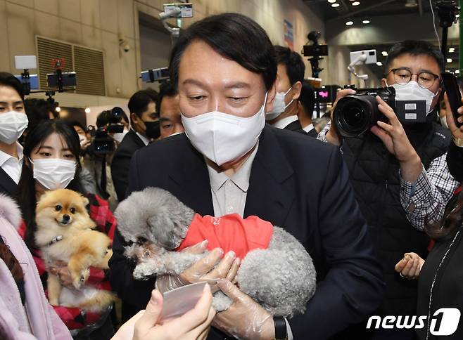 (파주=뉴스1) 국회사진취재단 = 윤석열 국민의힘 대선후보가 19일 경기 고양시 일산 킨텍스에서 열린 '2021 케이-펫페어(K-PET FAIR)일산' 행사에 참석해 강아지를 안고 있다. 2021.11.19/뉴스1