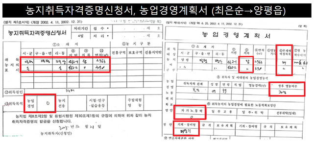 더불어민주당 선대위 현안대응TF가 공개한 윤석열 국민의힘 대선후보 장모 최은순 씨의 농지취득자격정명신청서와 농업경영계획서.