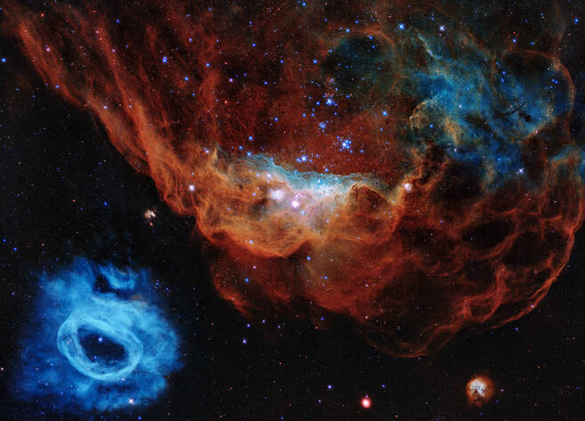 NASA가 지난해 발사 30주년을 자축하며 공개한 사진. 수많은 별들이 태어나는 아름다운 성운인 NGC 2014(사진 오른쪽)와 이웃한 NGC 2020(사진 왼쪽)의 모습을 담고있다