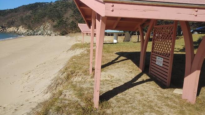 지난달 13일 인천 옹진군 대이작도에 있는 작은풀안 모래사장. 모래가 유실돼 모래언덕이 피서객이 이용하는 그늘막 바로 앞까지 깎여 나가 있다. 이승욱 기자 seugwookl@hani.co.kr