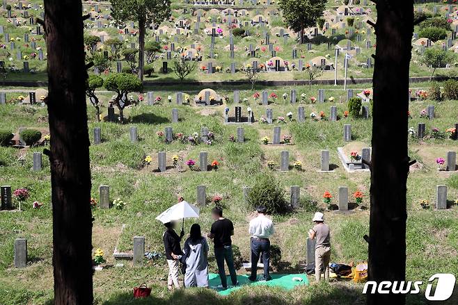 지난해 9월29일 추석 연휴를 앞두고 영락공원에서 이른 성묘를 하고 있는 성묘객들의 모습.  © News1 DB