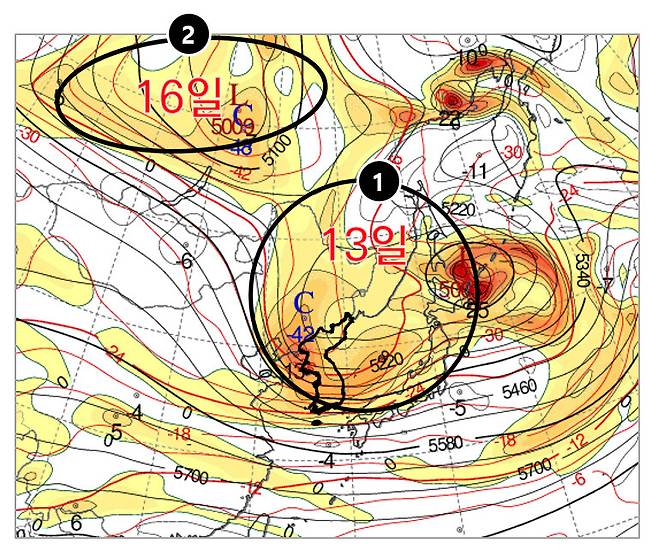 기압골이 13일과 16일 잇따라 다가오며 눈이 올 것으로 예상된다. 기상청 제공