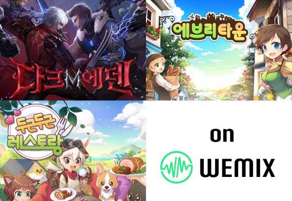 위믹스 플랫폼에 온보딩이 결정된 위메이드커넥트의 '다크에덴M', '에브리타운', '두근두근레스토랑'. 위메이드 제공.