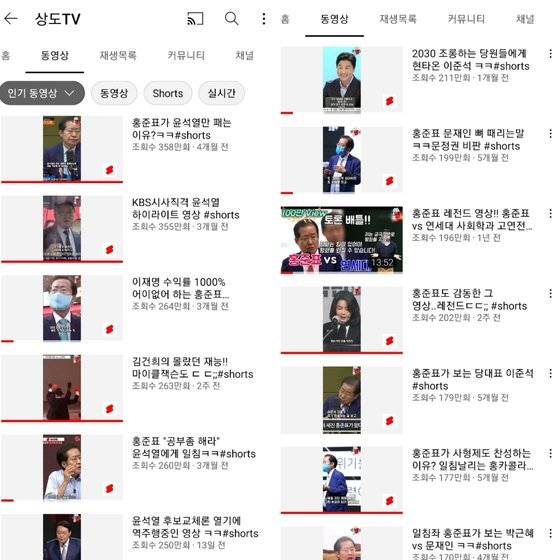 홍준표 국민의힘 의원에 우호적인 유튜버 '상도TV'의 쇼츠 내역들. 지난해 국민의힘 경선 당시, 홍 의원의 솔직한 화법을 드러내며, 수백만회의 대박 쇼츠들을 연이어 생산했다. 유튜브 캡처