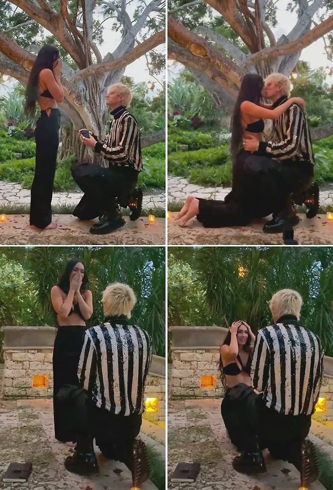 할리우드 배우 메간 폭스에게 그의 4살 연하 남자친구인 래퍼 머신건켈리가 청혼하는 모습./사진=메간 폭스 인스타그램