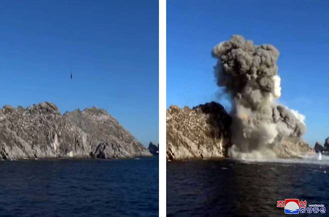 조선중앙통신은 "철도기동 미사일연대는 14일 오전 총참모부로부터 불의에 화력임무를 접수하고, 신속히 지적된 발사지점으로 기동하여 2발의 전술유도탄으로 조선 동해상의 설정목표를 명중타격했다"고 주장했다. /조선중앙통신 연합뉴스