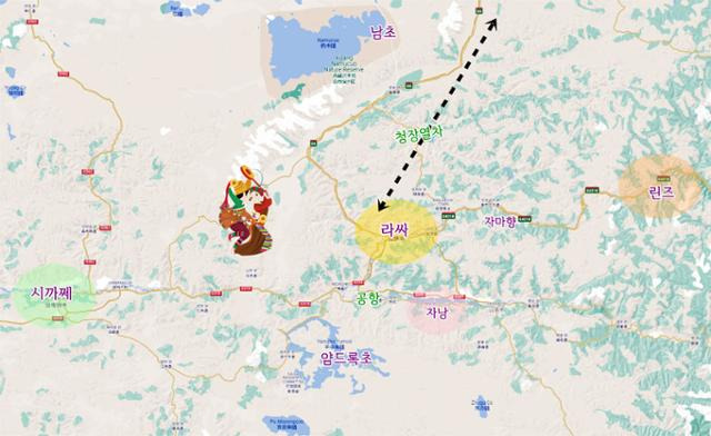 티베트 라싸 일대 발품 기행 동선. Ⓒ최종명