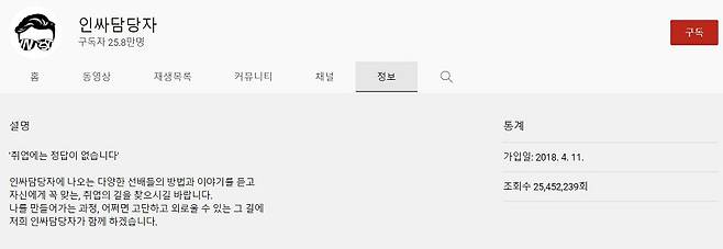 유튜브 인싸담당자 채널 정보. <유튜브 캡쳐>