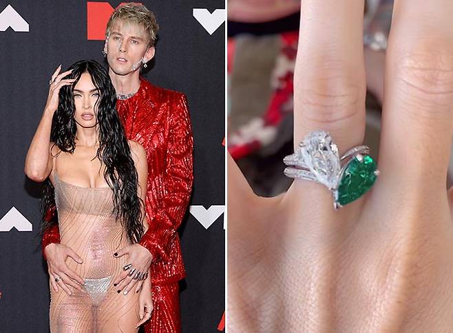 할리우드 배우 메간 폭스와 그의 4살 연하 남자친구인 래퍼 머신 건 켈리의 모습(왼쪽)과 메간 폭스가 받은 프러포즈 반지(오른쪽)./사진=AFP/뉴스1, 머신 건 켈리 인스타그램