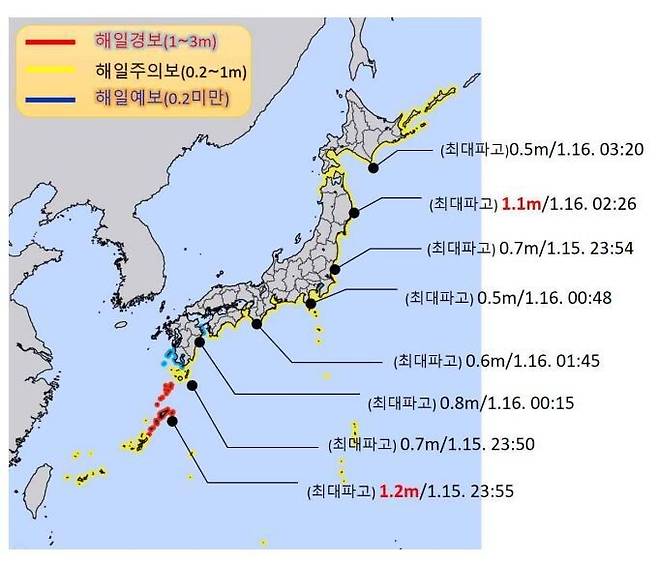 통고 수중 화산 폭발로 인한 해일 피해 예상도. 기상청 자료 갈무리