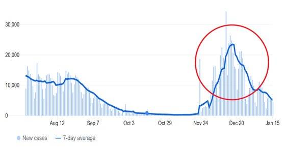 남아프리카공화국(남아공)의 지난 6개월 간 코로나19 확진자 수 그래프. 오미크론이 발견된 지난 11월 초부터 12월 중순까지 확진자 수가 급격히 증가하다 다시 가파르게 하강하는 모습을 담고 있다. [존스홉킨스]