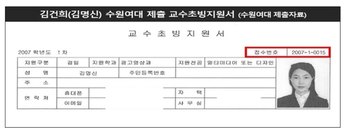 김건희씨가 수원여대에 제출한 교수초빙 지원서 [출처: 민주당 제공]