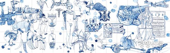 송상희 ‘신세계’(2021, 혼합 매체, 가변 크기). 언뜻 화사해 보이는 이 작품도 서구의 침략과 식민의 역사가 들어 있다. 옛 무역의 상징인 델프트 블루 타일에  고대부터 현대에 이르기까지 주요한 무역품인 향신료와 식재료(올리브, 후추, 카카오, 사탕수수), 신대륙 발견과 무역 전쟁으로 희생당한 동물(코끼리, 비버, 도도새), 교류와 정복, 침략 등으로 발병한 전염병(천연두균, 수면병의 숙주 체체파리) 등을 그렸다. 서울시립미술관 제공